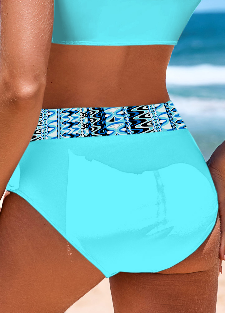 Mid Waisted Geometric Print Cyan Bikini Bottom