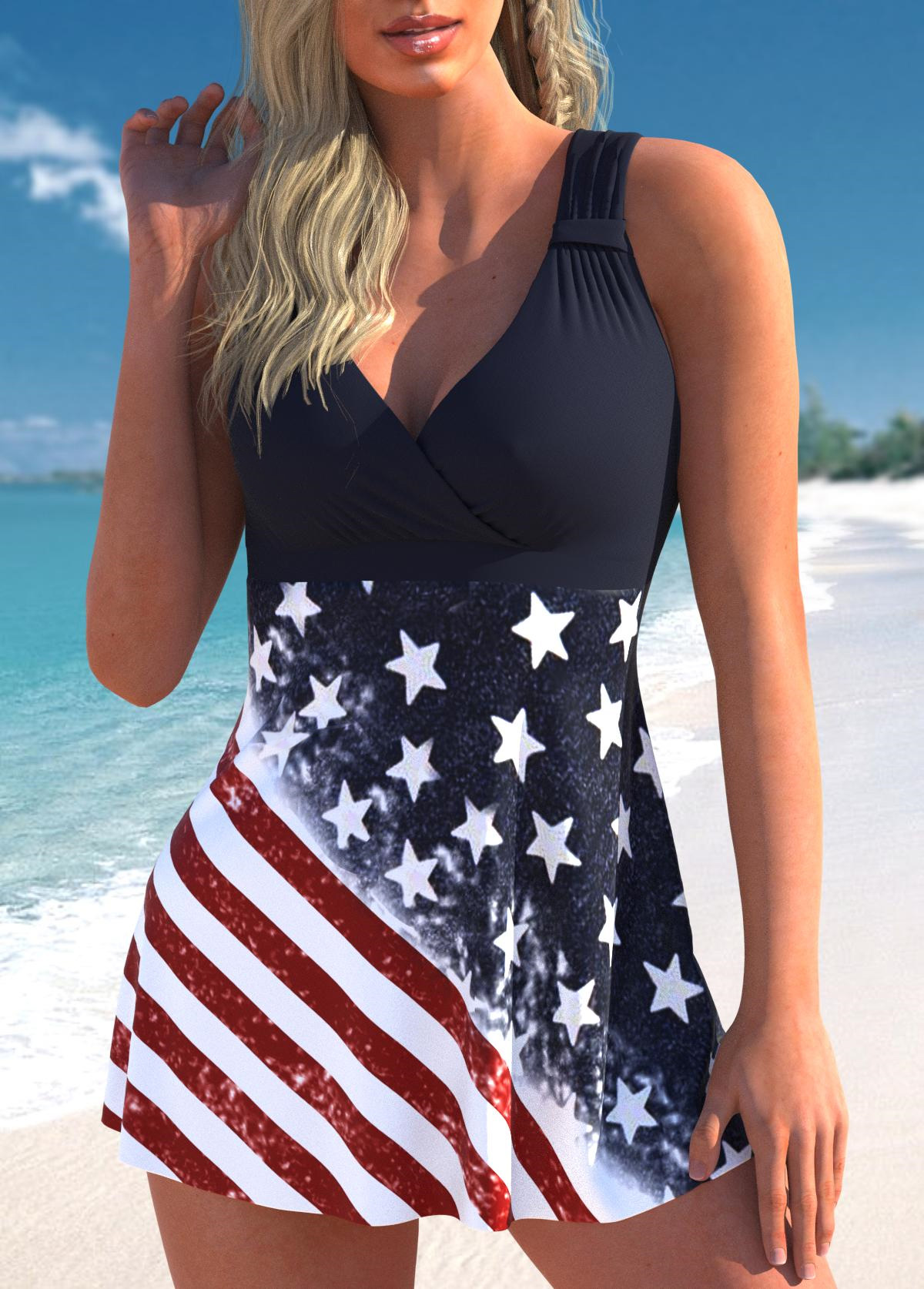 Ruched American Flag Print Multi Color Swimdress Set