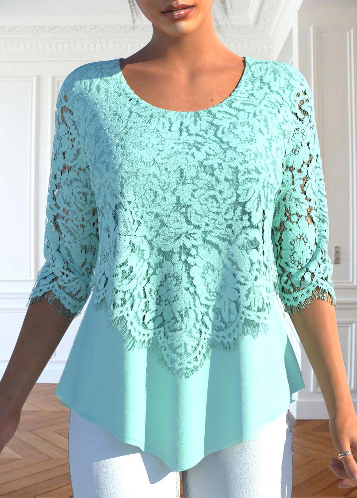Mint Green Lace 3/4 Sleeve Blouse