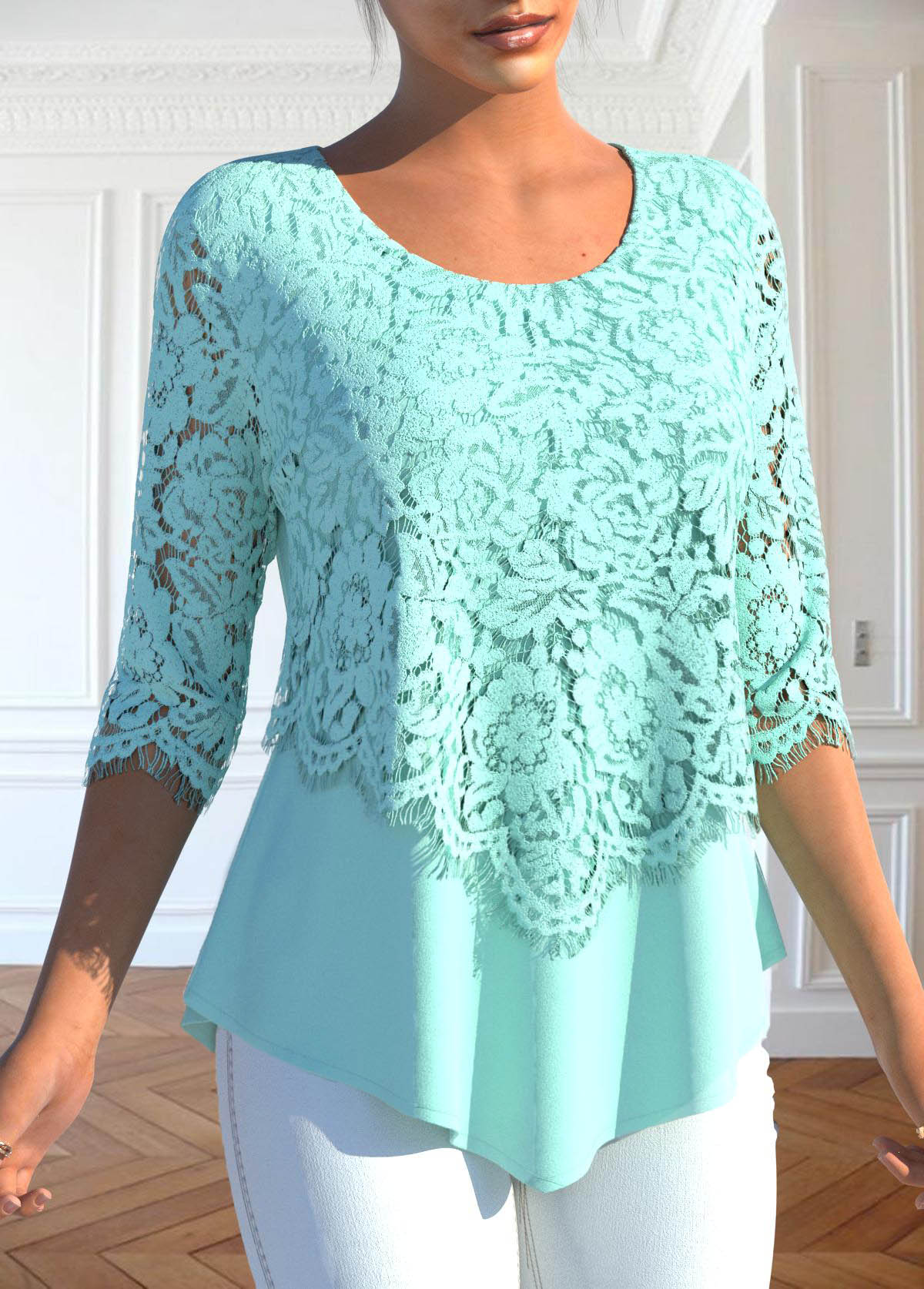 Mint Green Lace 3/4 Sleeve Blouse | modlily.com - USD 32.98
