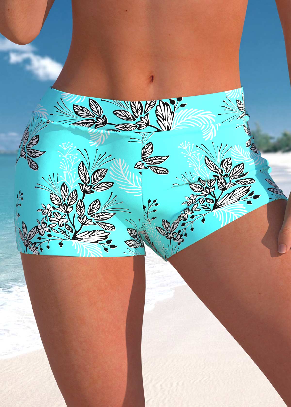 Mid Waisted Leaf Print Cyan Swim Shorts | picture 