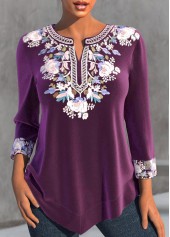 Purple Split Tribal Print 3/4 Sleeve Blouse