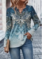 Dusty Blue Button Tribal Print T Shirt