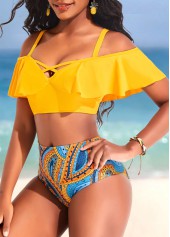 Ruffle Mid Waisted Paisley Print Yellow Bikini Set | thumb picture 