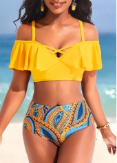Ruffle Mid Waisted Paisley Print Yellow Bikini Set | thumb picture 