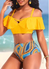 Ruffle Mid Waisted Paisley Print Yellow Bikini Set | thumb picture 