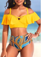 Ruffle Mid Waisted Paisley Print Yellow Bikini Set