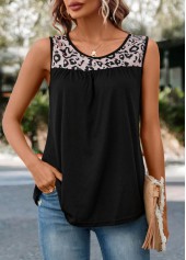 Black Patchwork Leopard Round Neck Tank Top