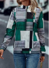 Turquoise Zipper Geometric Print Long Sleeve Sweatshirt | thumb picture 