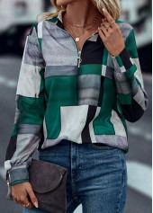 Turquoise Zipper Geometric Print Long Sleeve Sweatshirt | thumb picture 