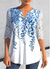 Light Blue Split Leaf Print Half Sleeve Blouse