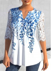 Light Blue Split Leaf Print Half Sleeve Blouse