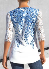 Light Blue Split Leaf Print Half Sleeve Blouse