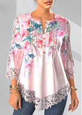 Light Pink Tuck Stitch Floral Print 3/4 Sleeve Blouse