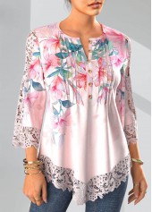 Light Pink Tuck Stitch Floral Print 3/4 Sleeve Blouse | thumb picture 