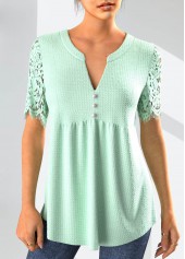 Mint Green Lace Short Sleeve Split Neck Blouse
