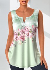 Light Green Zipper Floral Print Tank Top