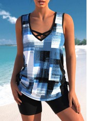 Criss Cross Geometric Print Denim Blue Tankini Top-No Bottom | picture 1