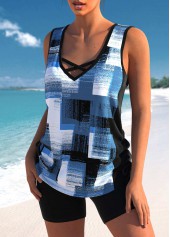 Criss Cross Geometric Print Denim Blue Tankini Top-No Bottom | picture 3