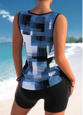 Criss Cross Geometric Print Denim Blue Tankini Top-No Bottom | picture 2