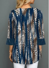 Blue Fake 2in1 Leopard 3/4 Sleeve Round Neck Blouse | thumb picture 