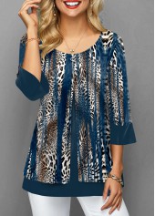 Blue Fake 2in1 Leopard 3/4 Sleeve Round Neck Blouse