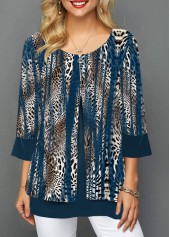 Blue Fake 2in1 Leopard 3/4 Sleeve Round Neck Blouse | thumb picture 