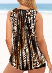 Metal Ring Mid Waisted Leopard Dark Coffee Tankini Set