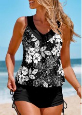 Patchwork Floral Print Black Tankini Set