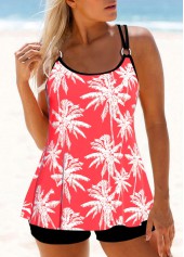 Metal Ring Leaf Print Coral Red Tankini Set