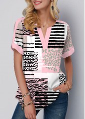 Pink Contrast Binding Geometric Print Short Sleeve Blouse