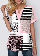 Pink Contrast Binding Geometric Print Short Sleeve Blouse | thumb picture 