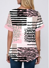 Pink Contrast Binding Geometric Print Short Sleeve Blouse | thumb picture 