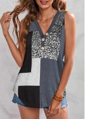 Grey Button V Neck Tank Top