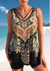 Metal Ring Tribal Print Black Tankini Top-No Bottom | picture 1