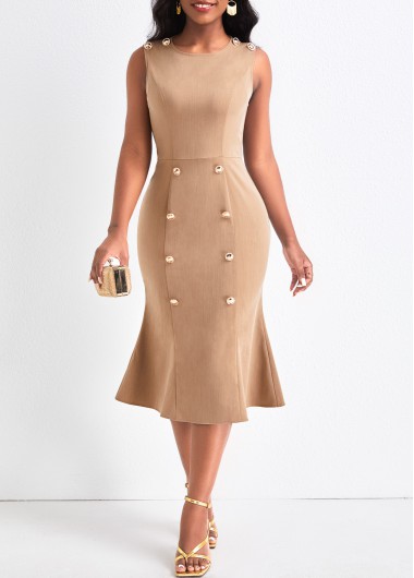 Modlily Light Camel Double Breasted Sleeveless Bodycon Dress - XS