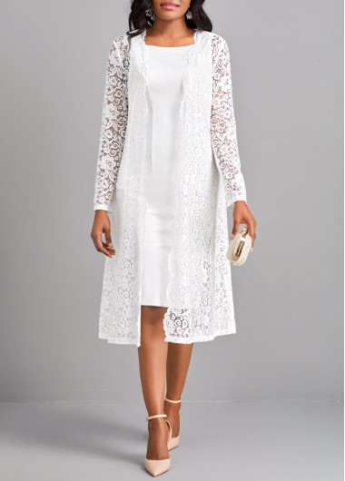 Modlily White Lace Two Piece Suit Long Sleeve Dress - L