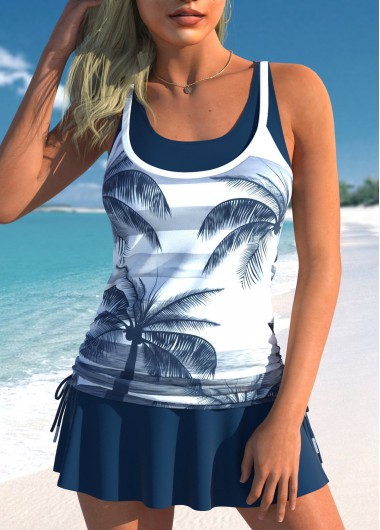 Modlily Fake 2in1 Tropical Plants Print Navy Tankini Top - S