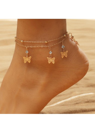 women clothes image of Gold Butterfly Rhinestone Layered Design Anklet
