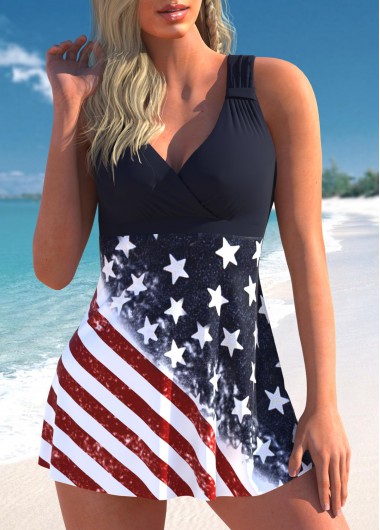 Modlily Plus Size American Flag Print Swimdress Top - 3X