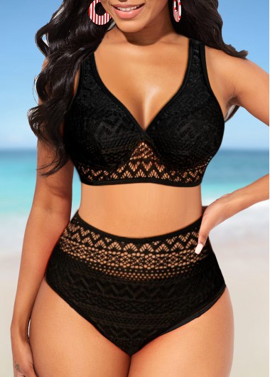 Lace Stitching Black Wide Strap Bikini Top