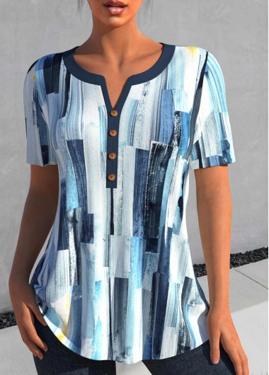 women clothes image of Peacock Blue Patchwork Geometric Print Short Sleeve Blouse