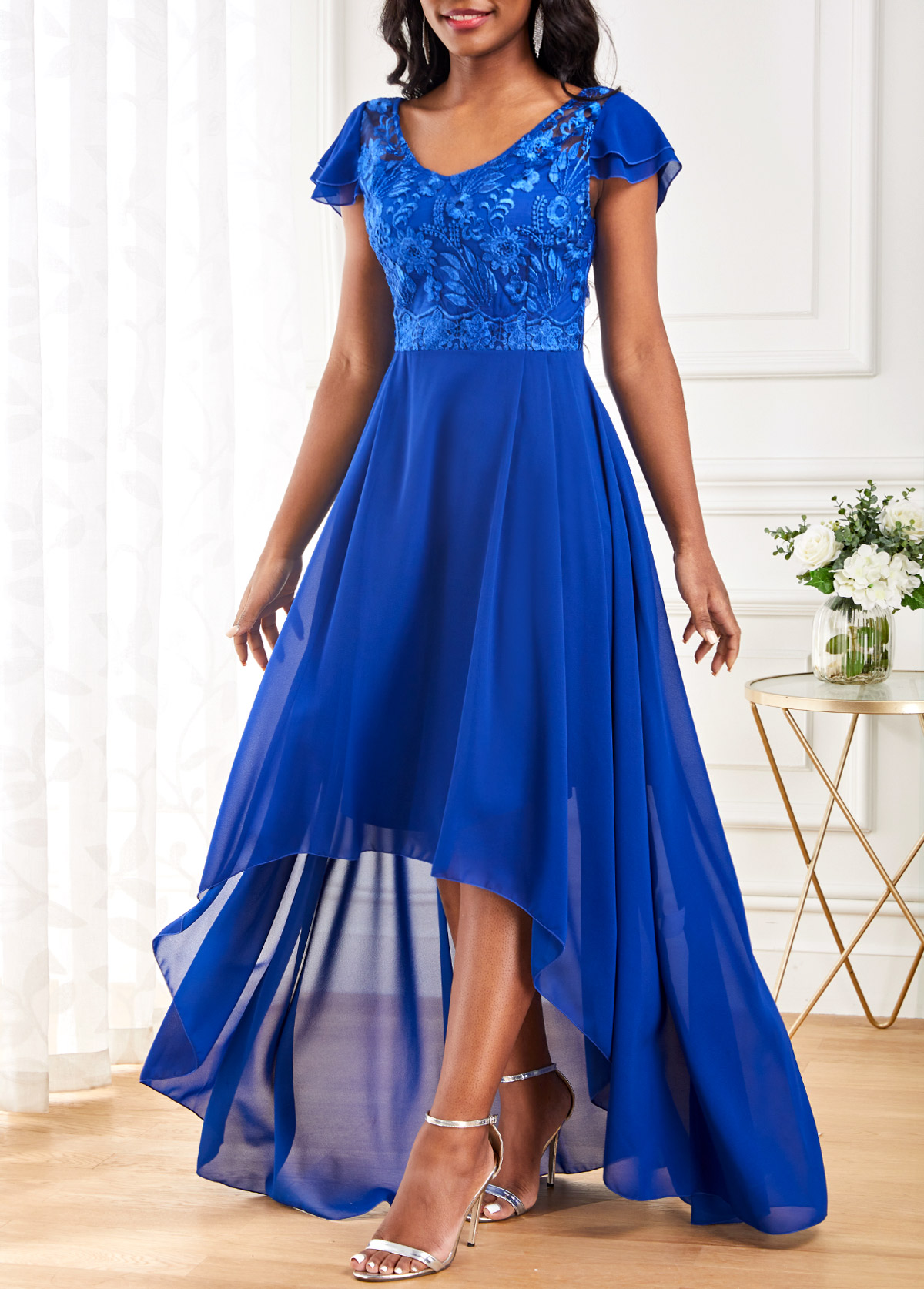 Royal Blue Lace Short Sleeve High Low Dress