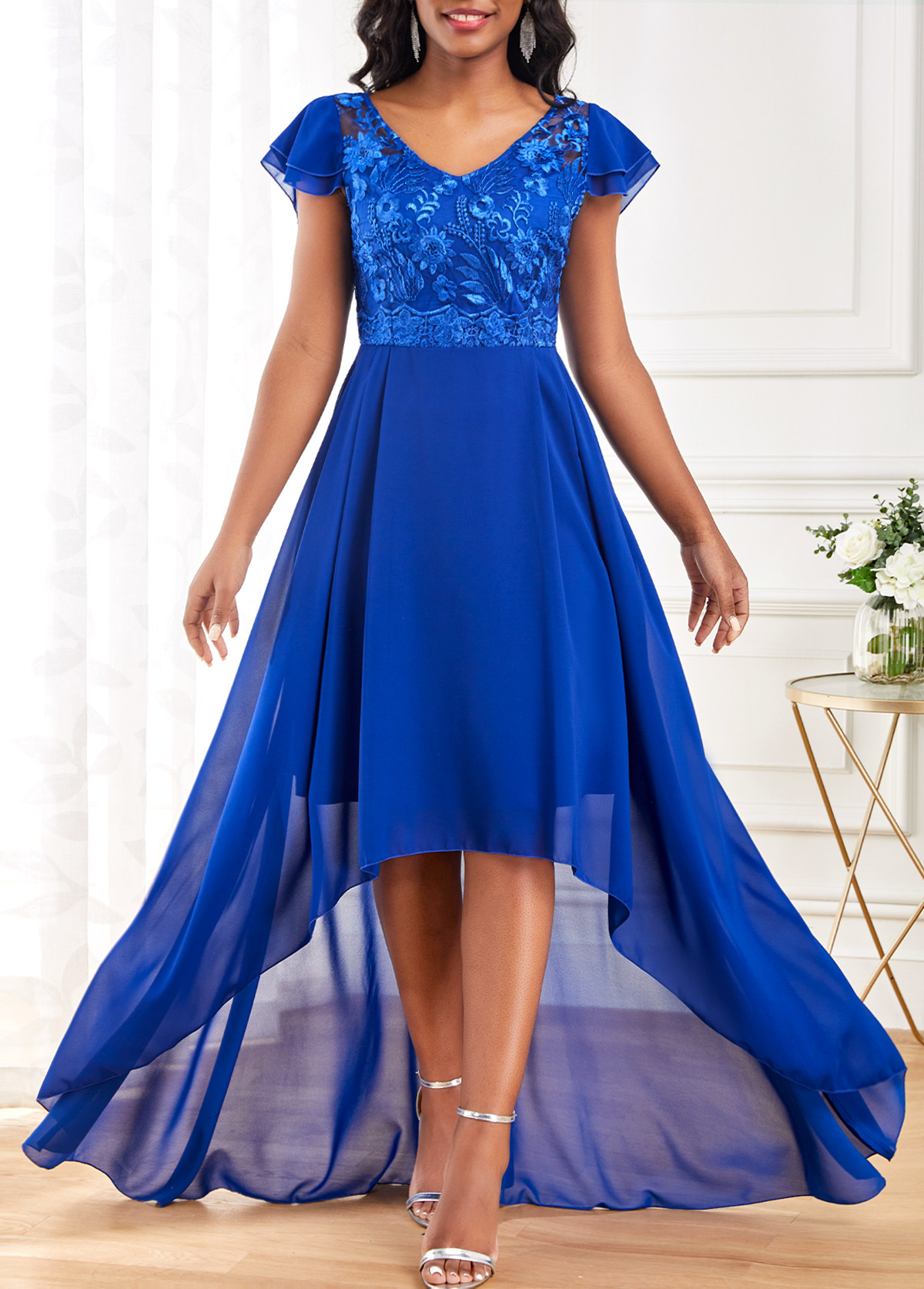 Royal Blue Lace Short Sleeve High Low Dress