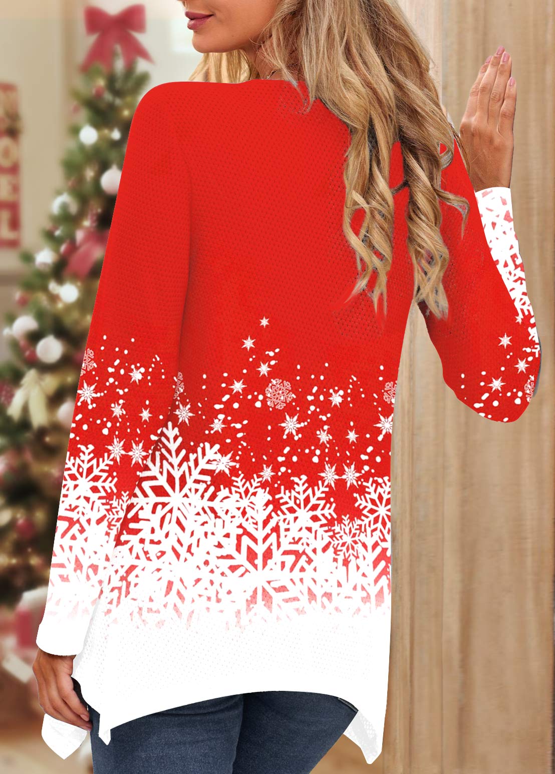 Red Fake 2in1 Snowflake Print Long Sleeve Sweatshirt