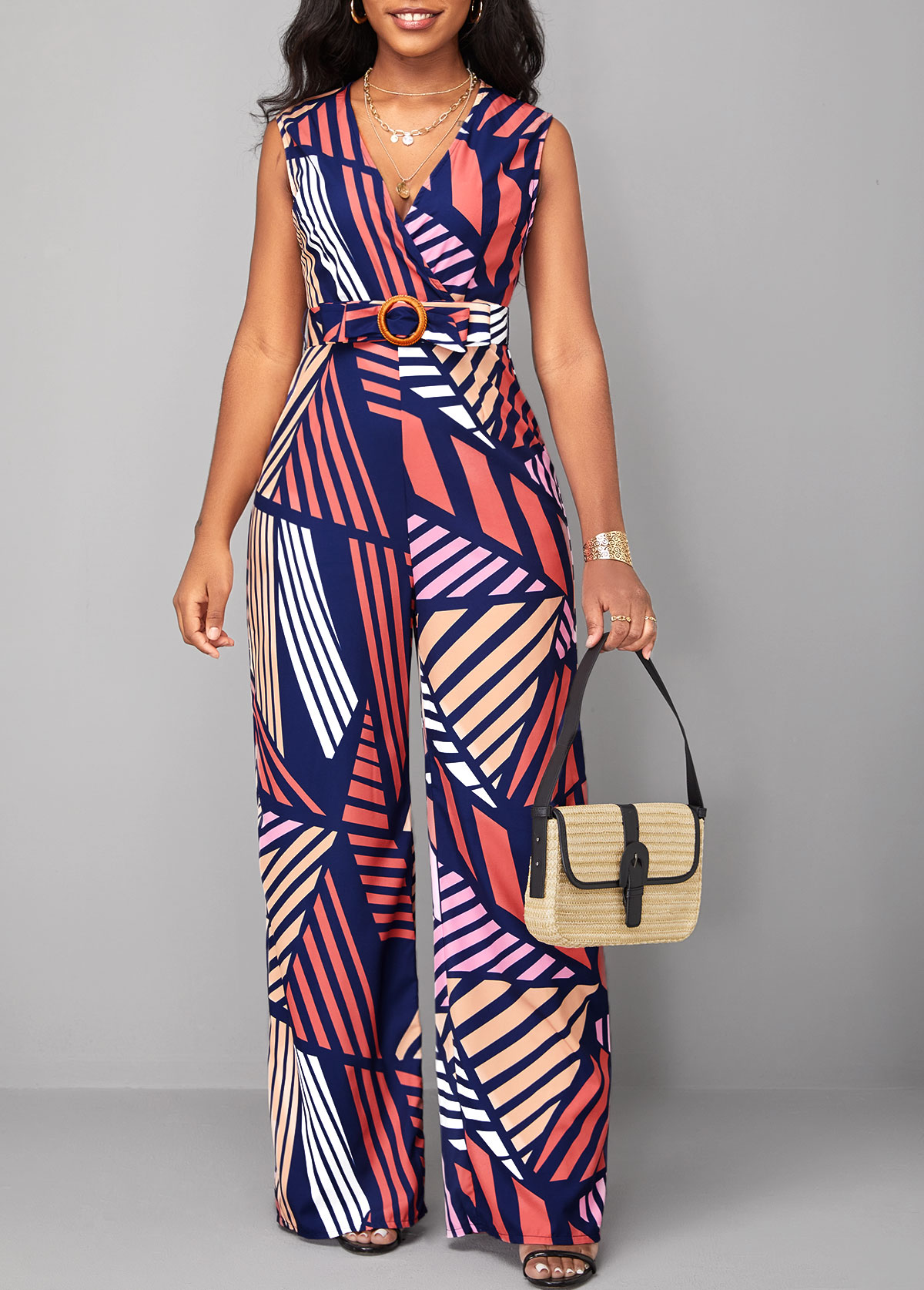 Multi Color Striped Belted Sleeveless Jumpsuit