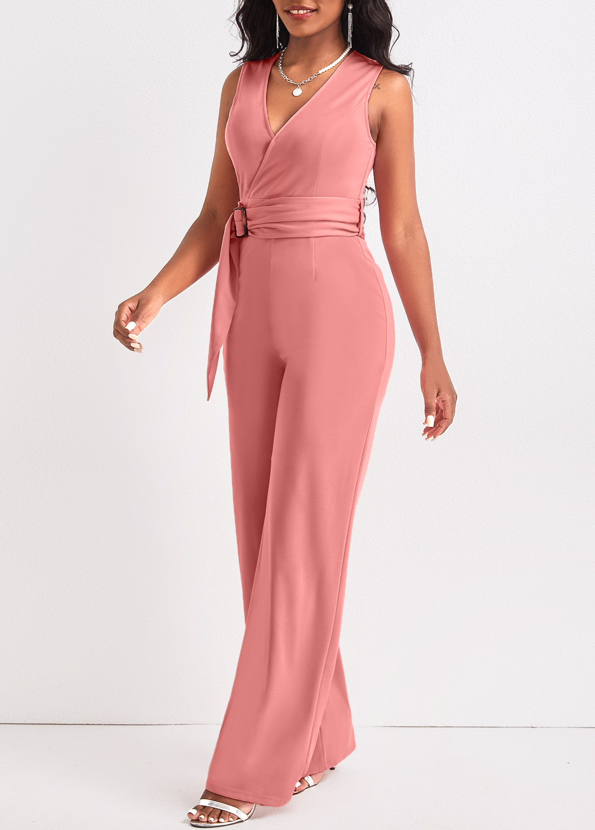 Dusty Pink Tie Long Belted Sleeveless Jumpsuit
