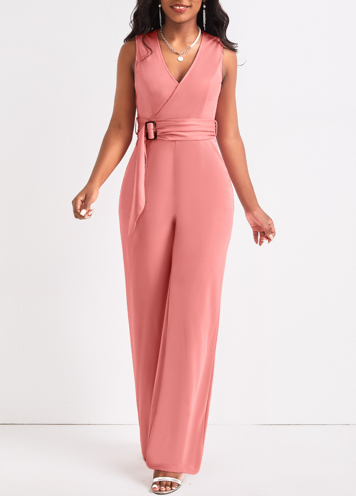 Dusty Pink Tie Long Belted Sleeveless Jumpsuit