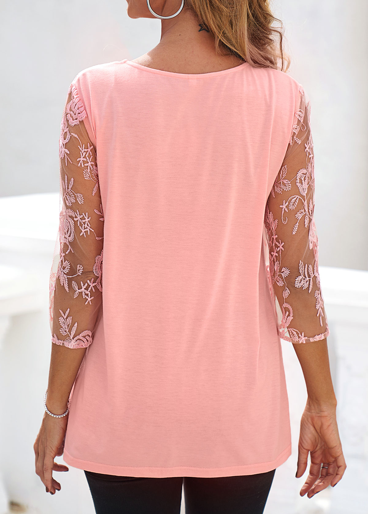 Pink Lace Three Quarter Length Sleeve Blouse