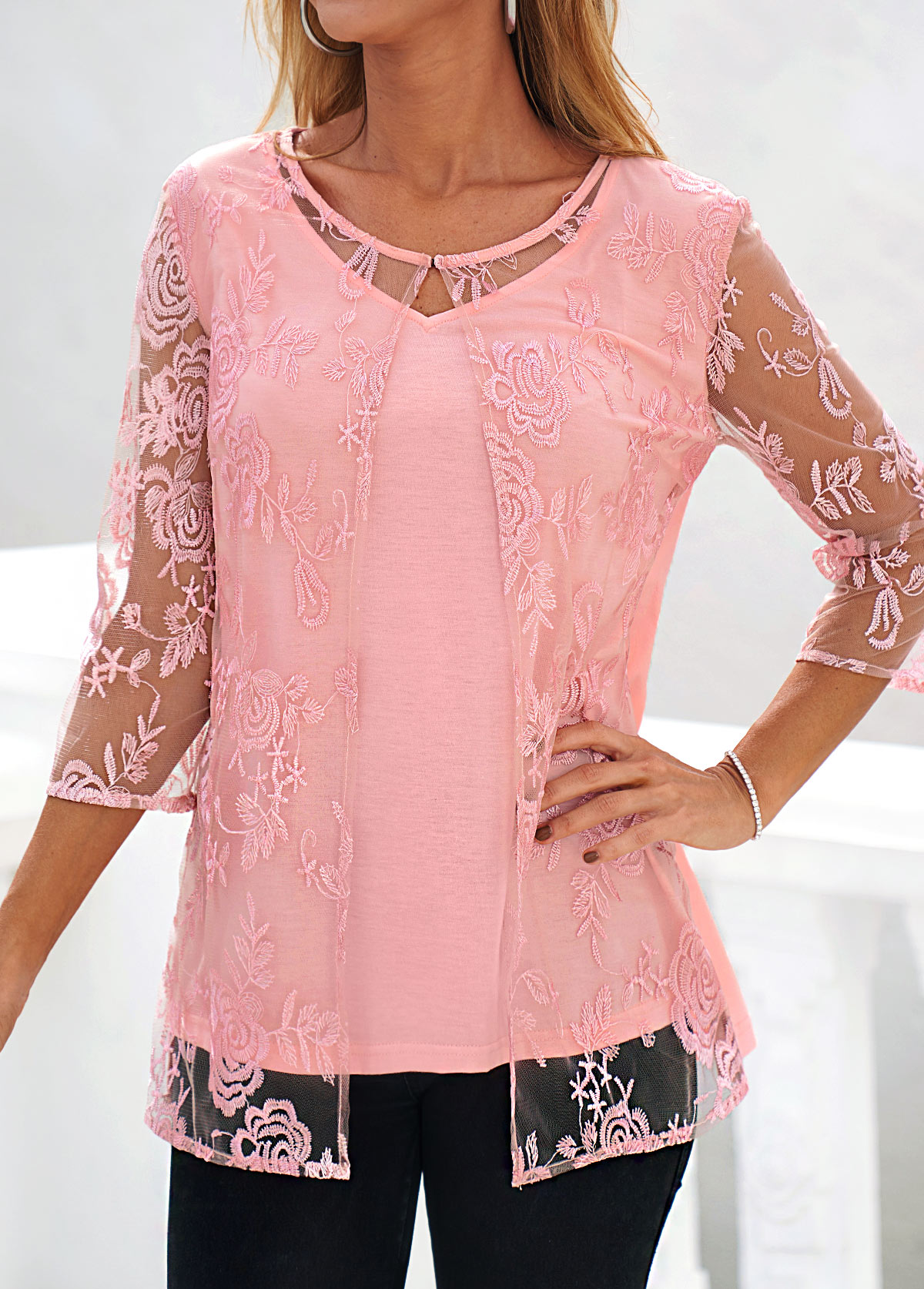 Pink Lace Three Quarter Length Sleeve Blouse